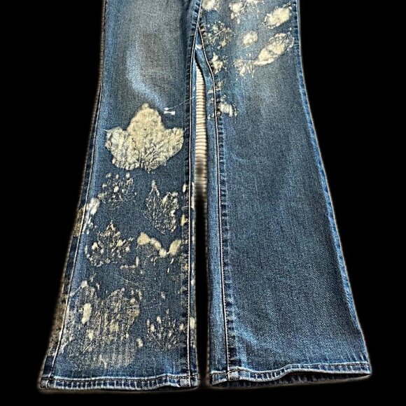 Upcycled Reworked Hand Bleached Womens Boot cut Jeans - leaf pattern size 12 - Picture 2 of 8